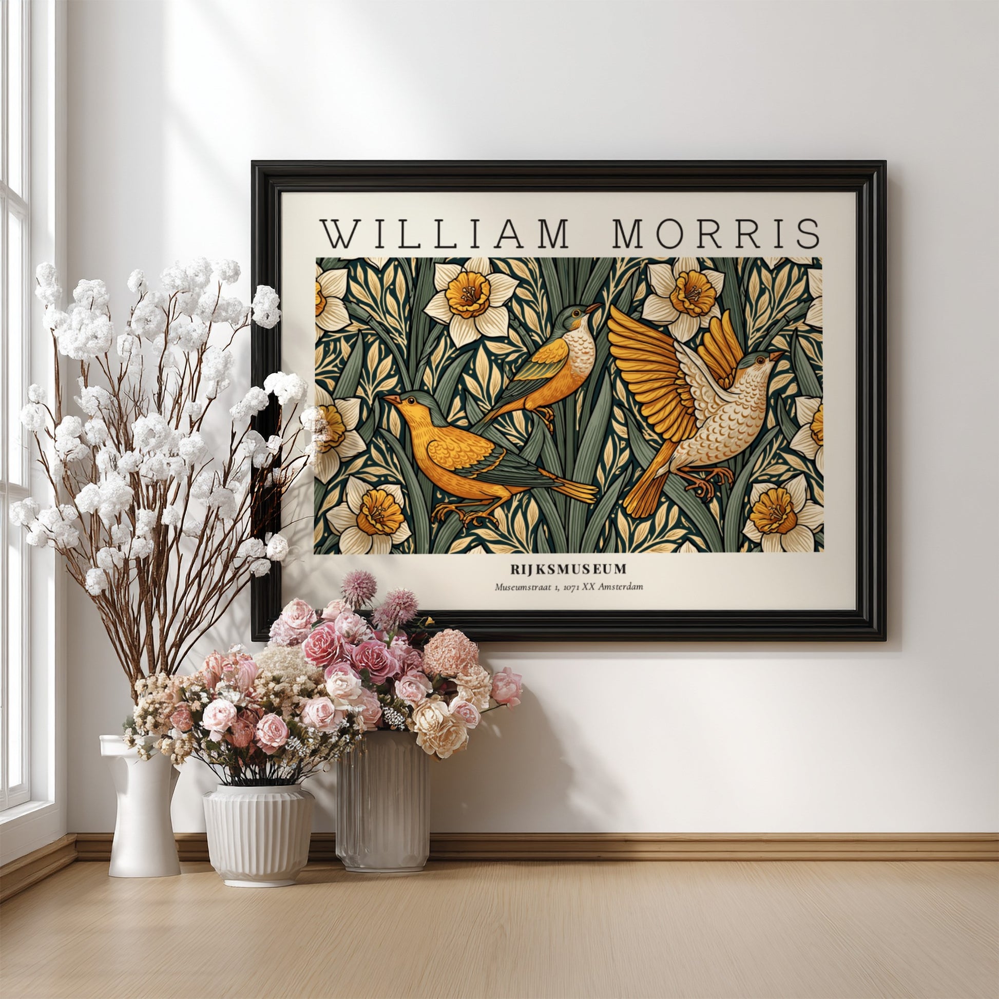 William Morris nature wall art print featuring birds and daffodils in vibrant colors