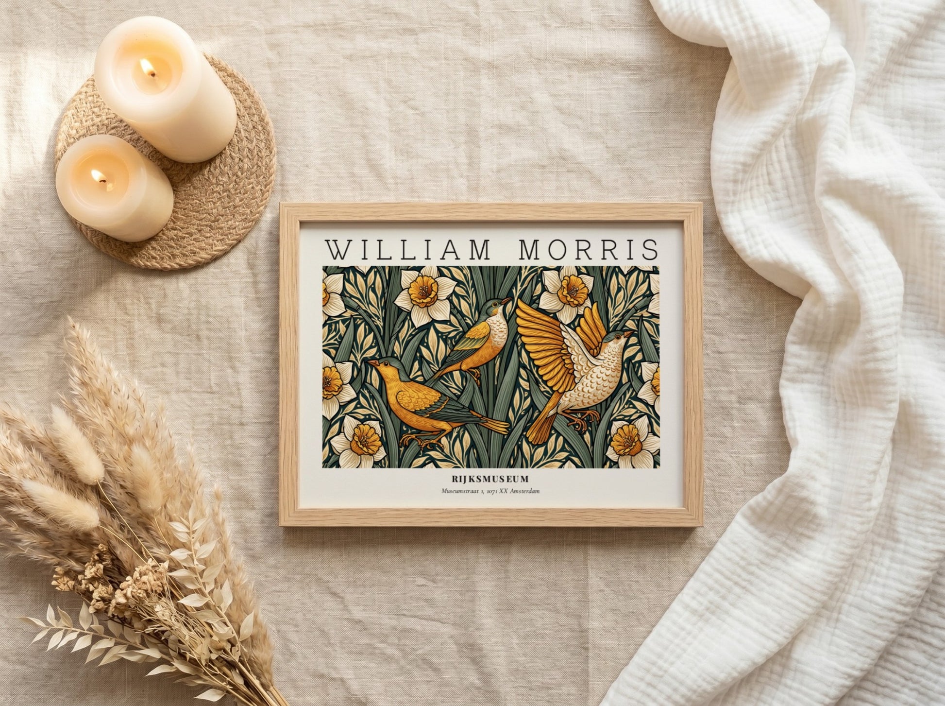 William Morris nature wall art print featuring birds and daffodils in vibrant colors