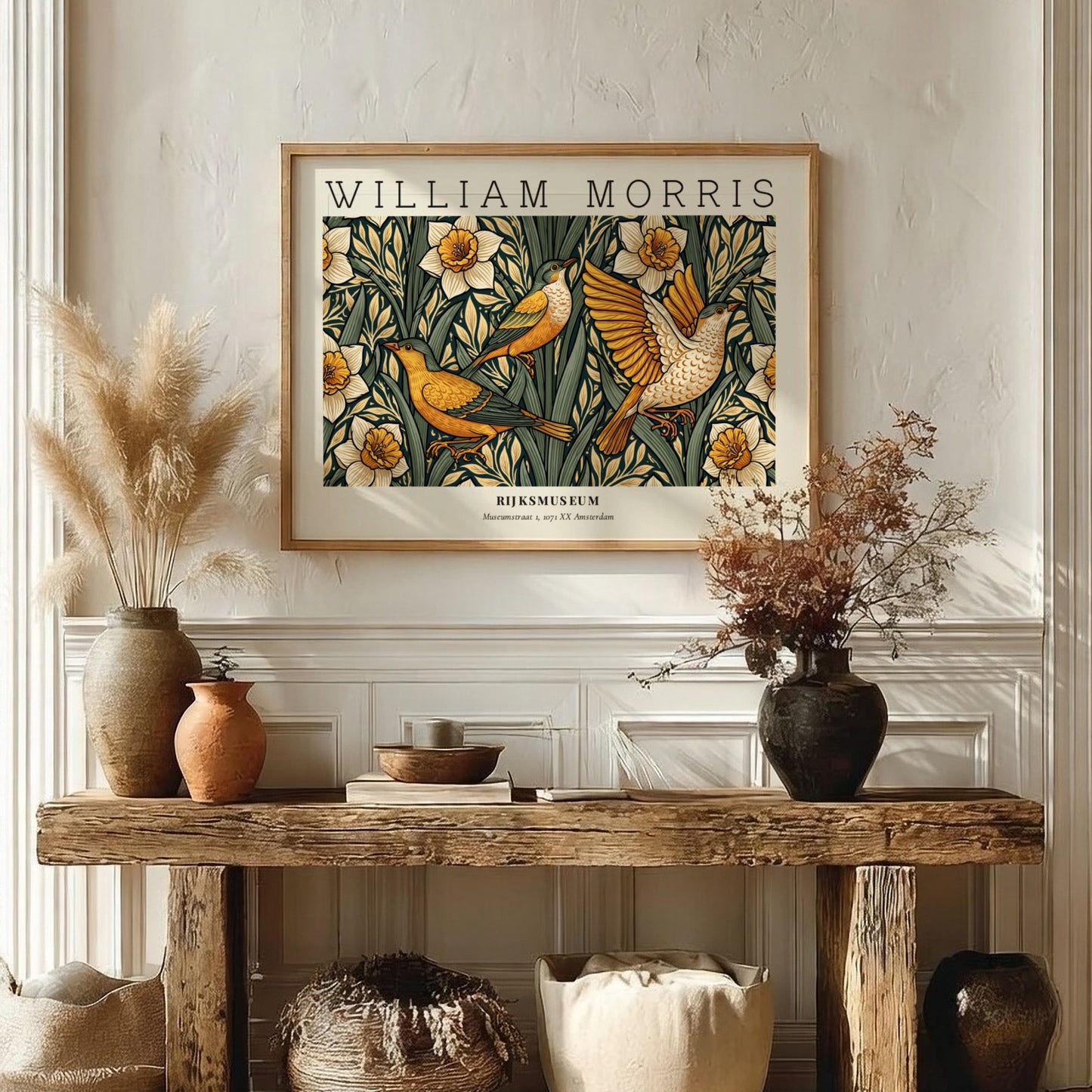 William Morris nature wall art print featuring birds and daffodils in vibrant colors