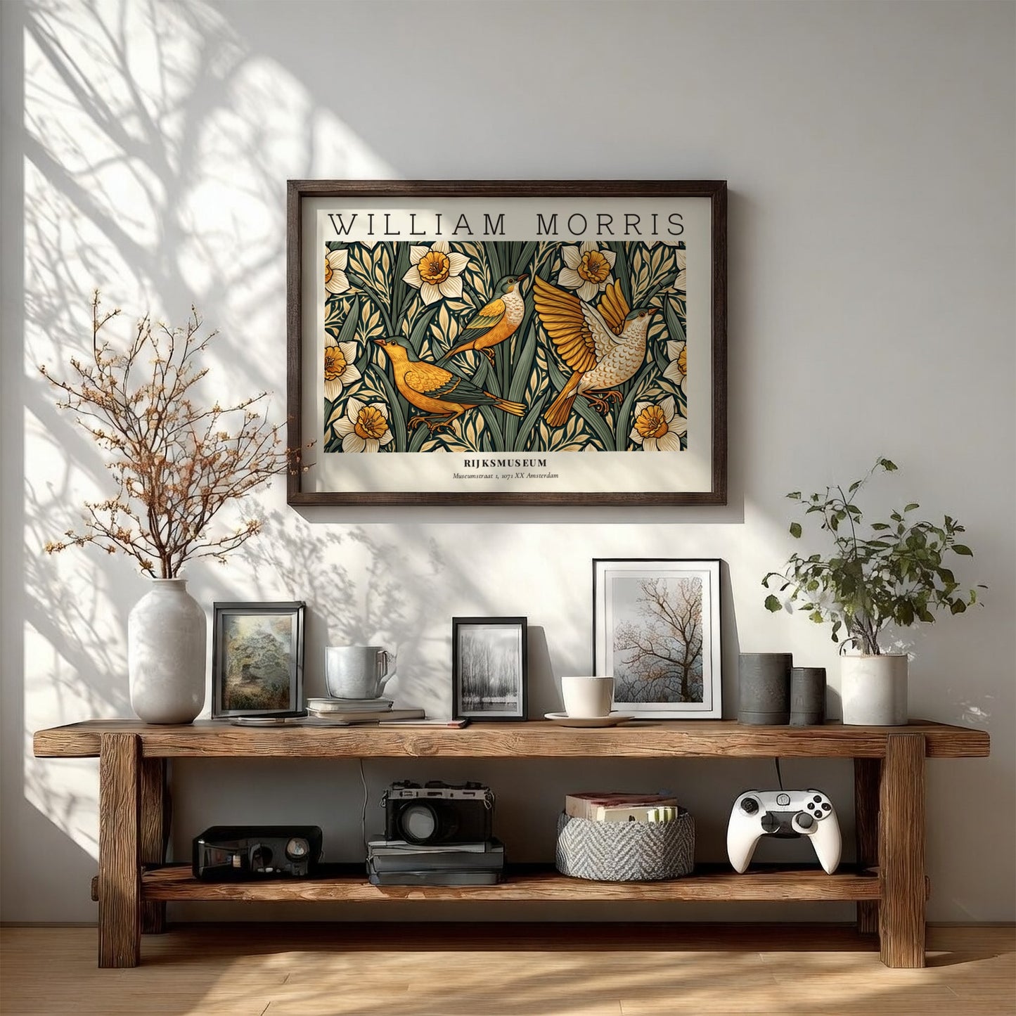 William Morris nature wall art print featuring birds and daffodils in vibrant colors