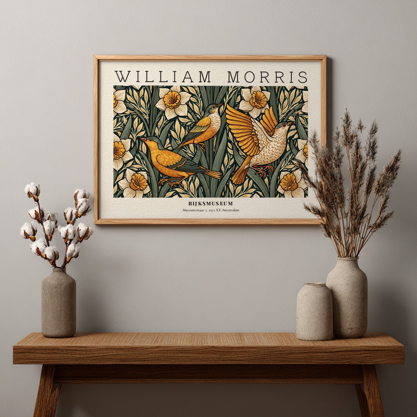 William Morris nature wall art print featuring birds and daffodils in vibrant colors