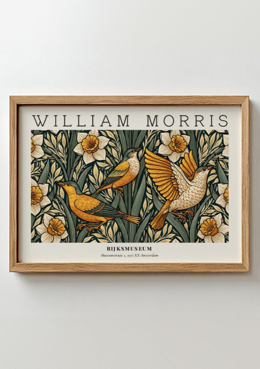 William Morris nature wall art print featuring birds and daffodils in vibrant colors