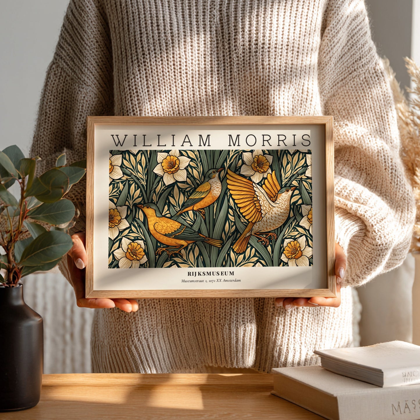 William Morris nature wall art print featuring birds and daffodils in vibrant colors