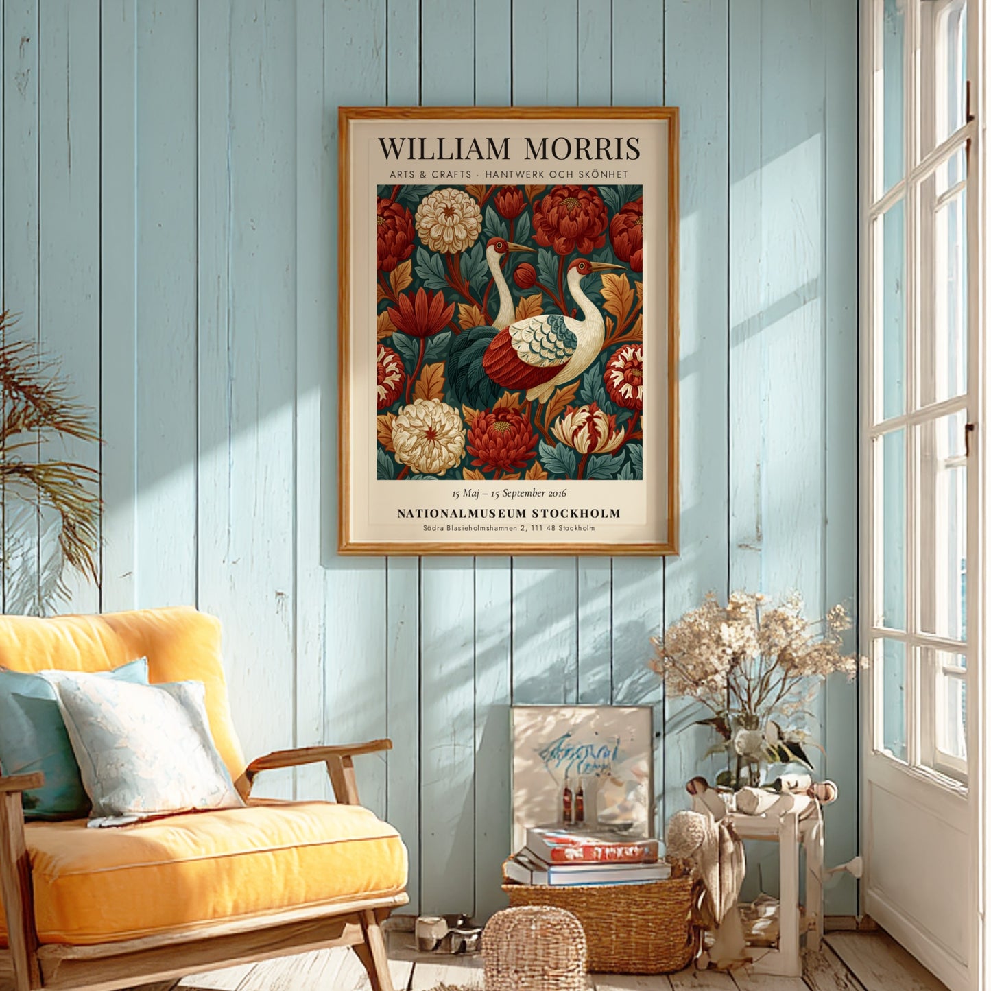 William Morris poster featuring cranes and floral patterns in rich colors