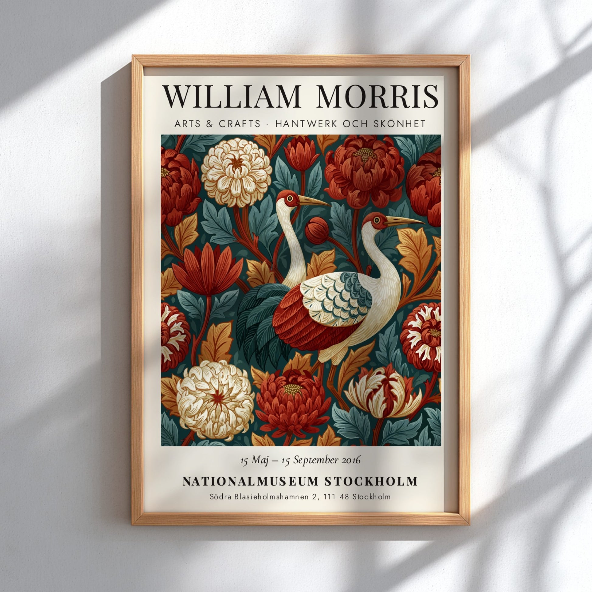 William Morris poster featuring cranes and floral patterns in rich colors