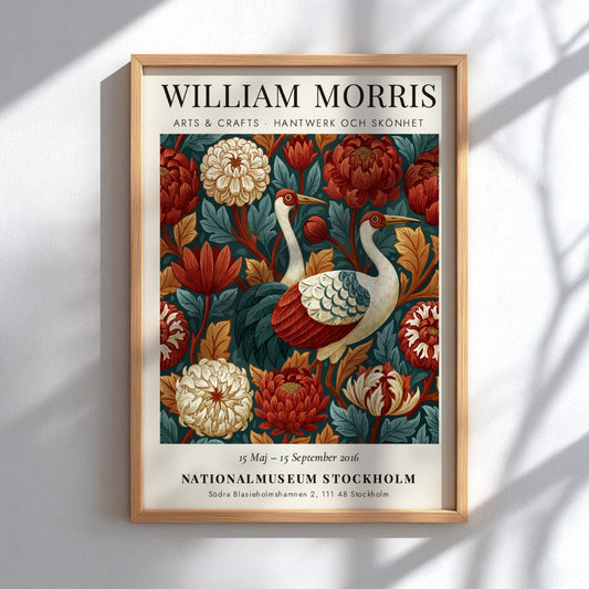 William Morris poster featuring cranes and floral patterns in rich colors