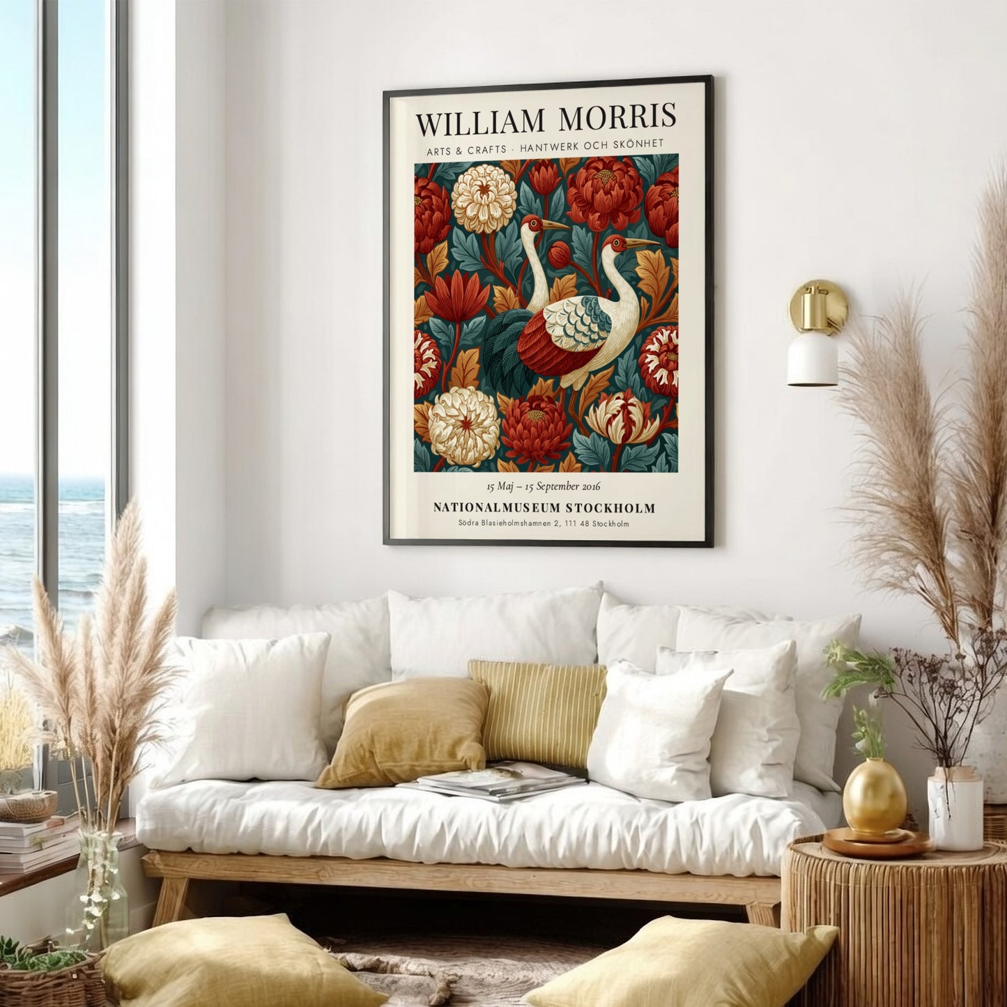 William Morris poster featuring cranes and floral patterns in rich colors