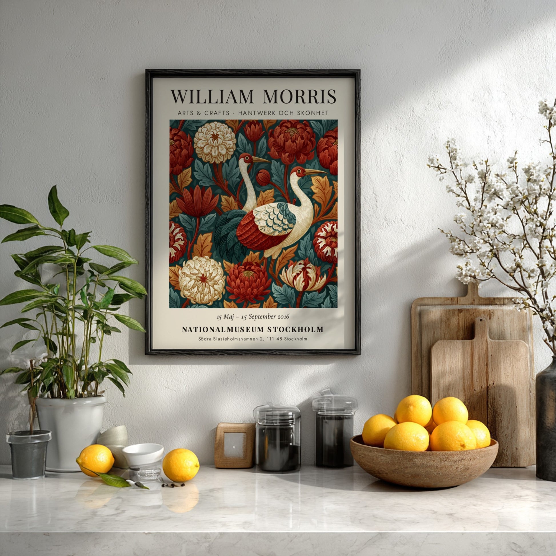 William Morris poster featuring cranes and floral patterns in rich colors