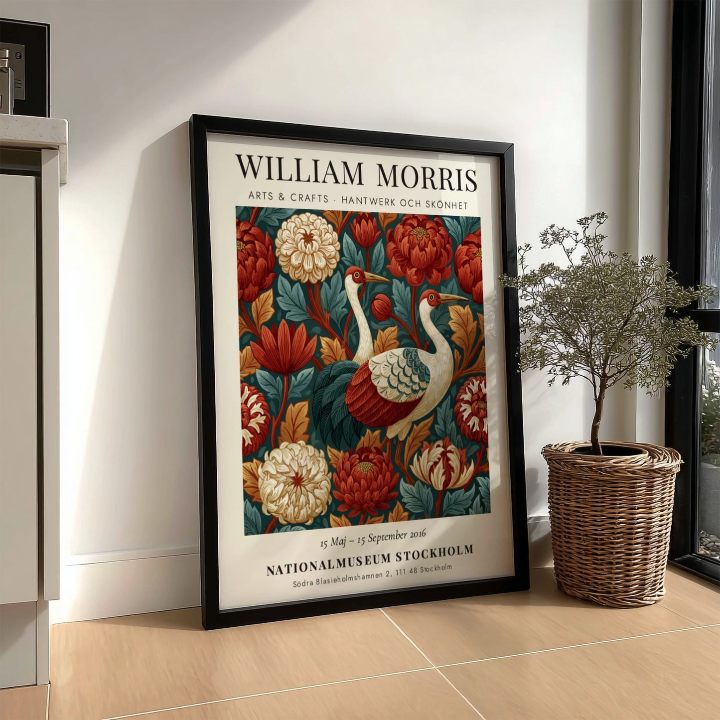 William Morris poster featuring cranes and floral patterns in rich colors