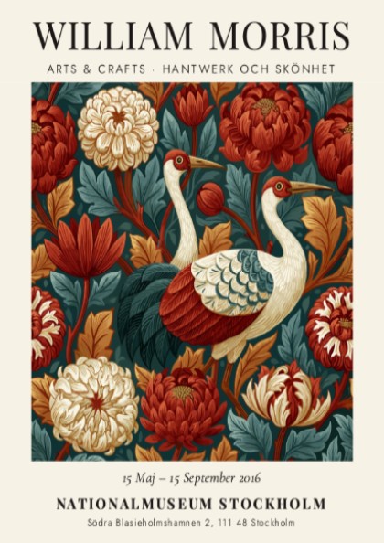 William Morris poster featuring cranes and floral patterns in rich colors