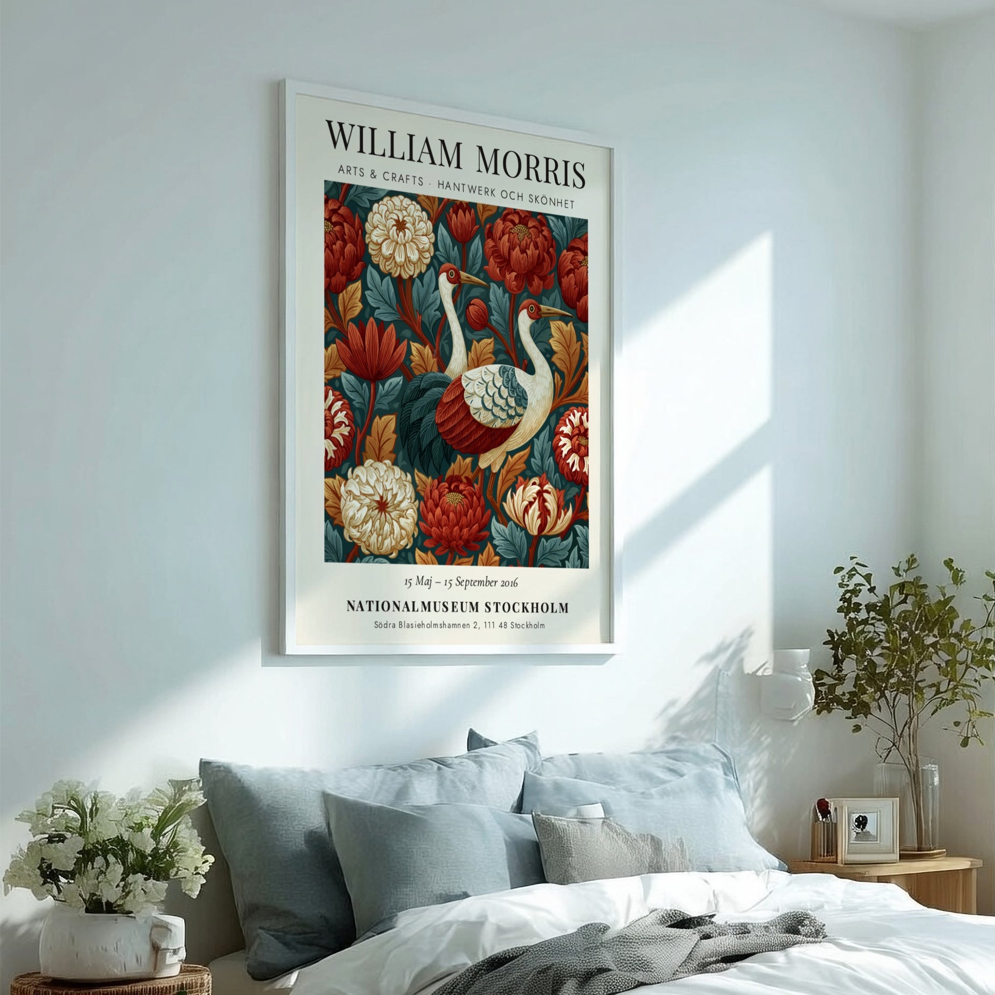 William Morris poster featuring cranes and floral patterns in rich colors