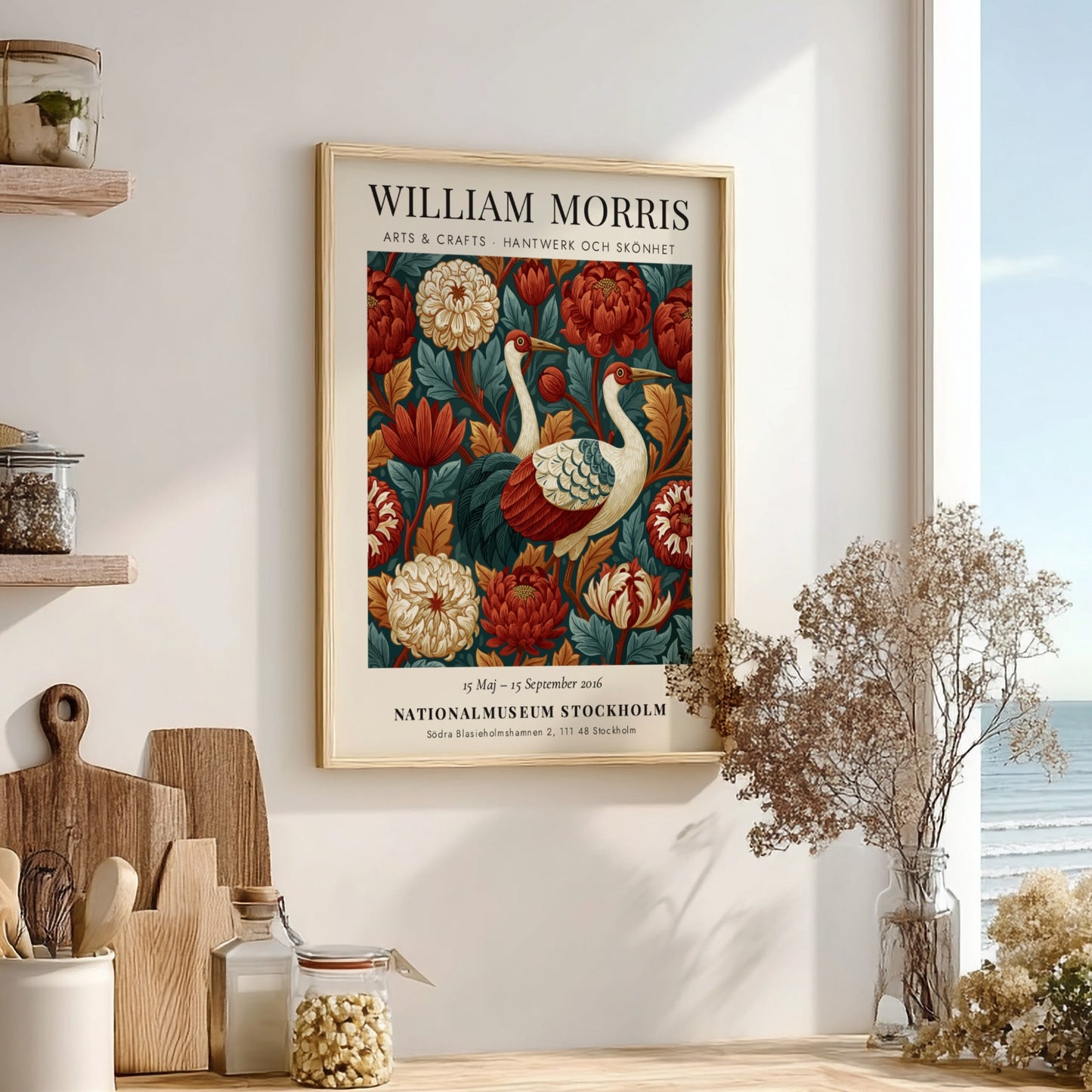 William Morris poster featuring cranes and floral patterns in rich colors