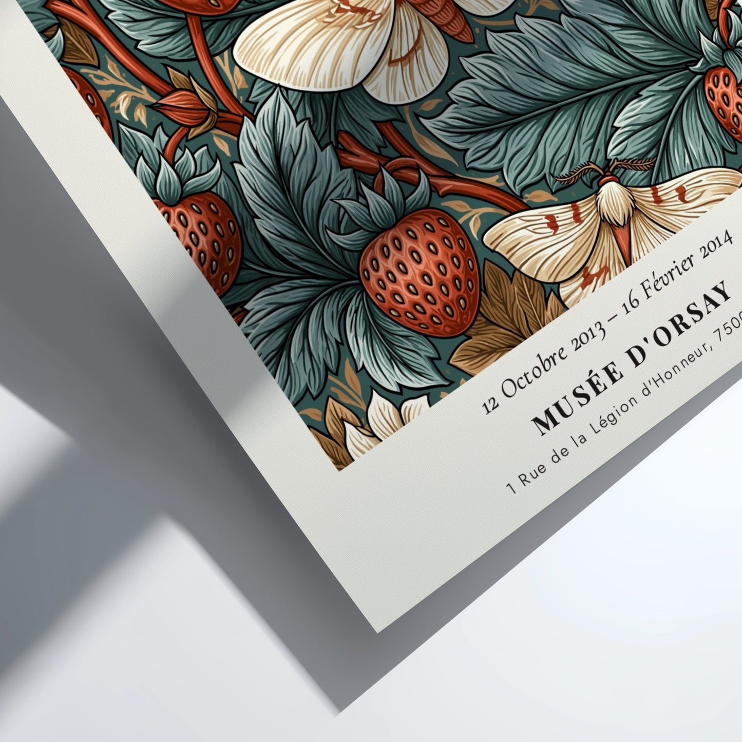 William Morris poster featuring strawberries and moths in rich colors