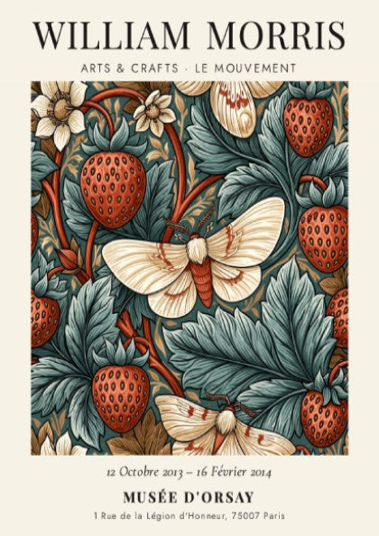 William Morris poster featuring strawberries and moths in rich colors