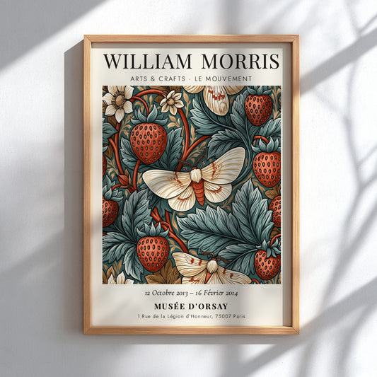 William Morris poster featuring strawberries and moths in rich colors