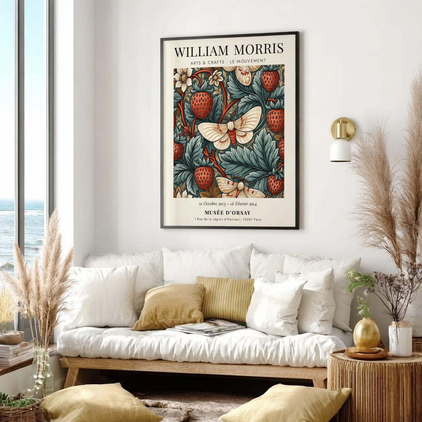 William Morris poster featuring strawberries and moths in rich colors