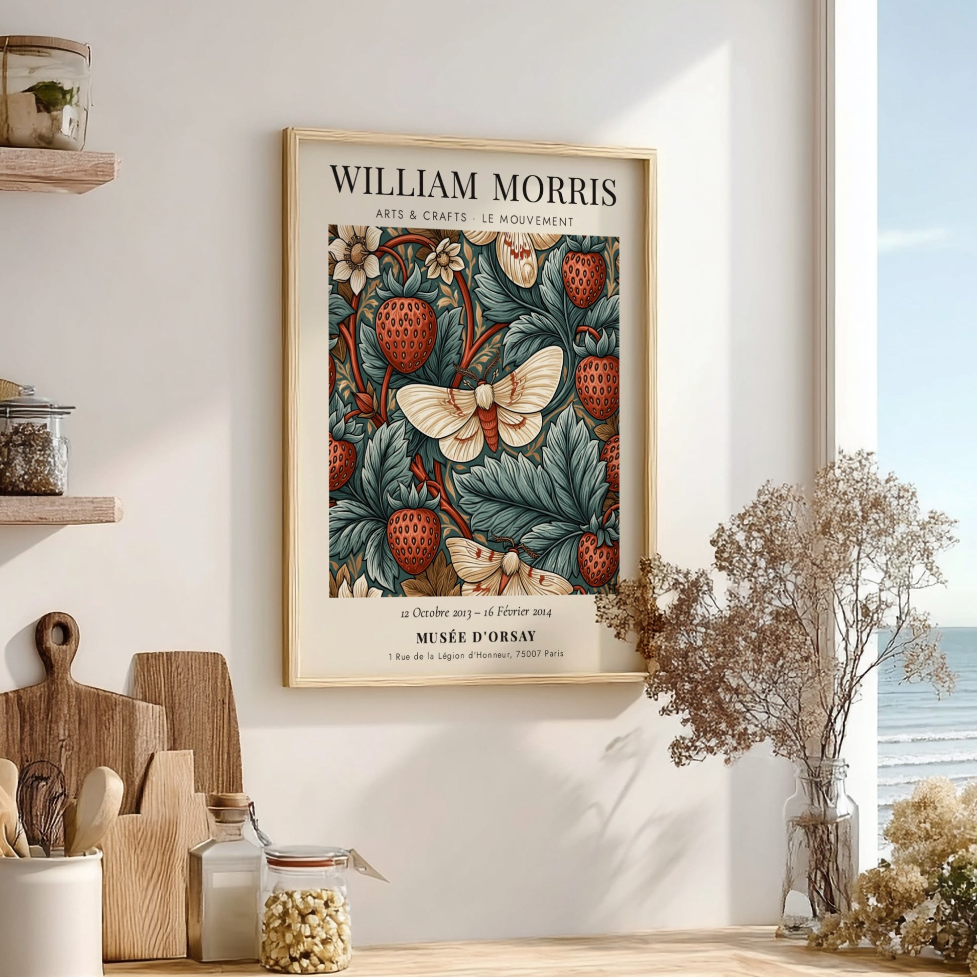 William Morris poster featuring strawberries and moths in rich colors