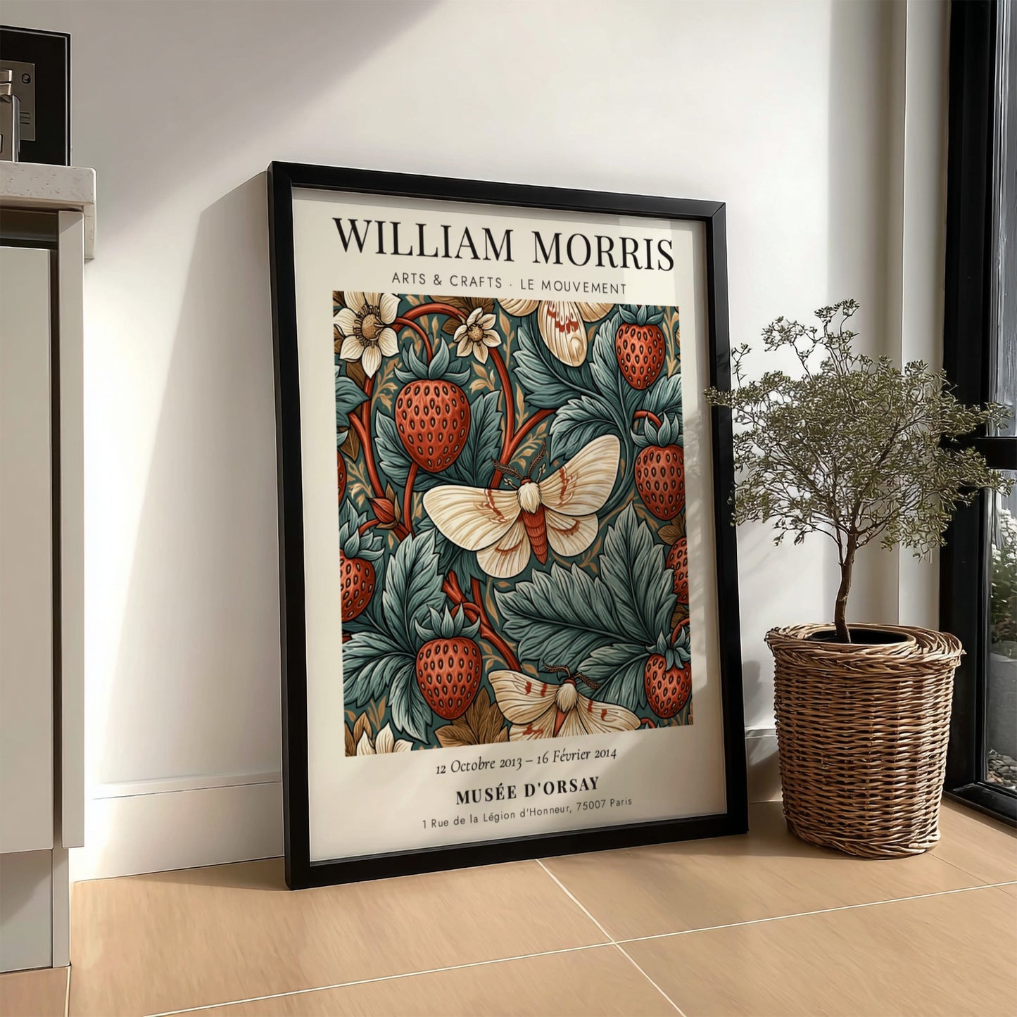 William Morris poster featuring strawberries and moths in rich colors