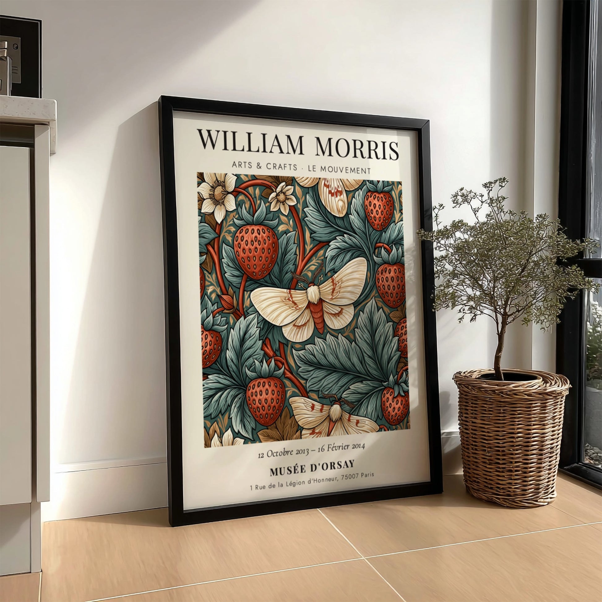 William Morris poster featuring strawberries and moths in rich colors