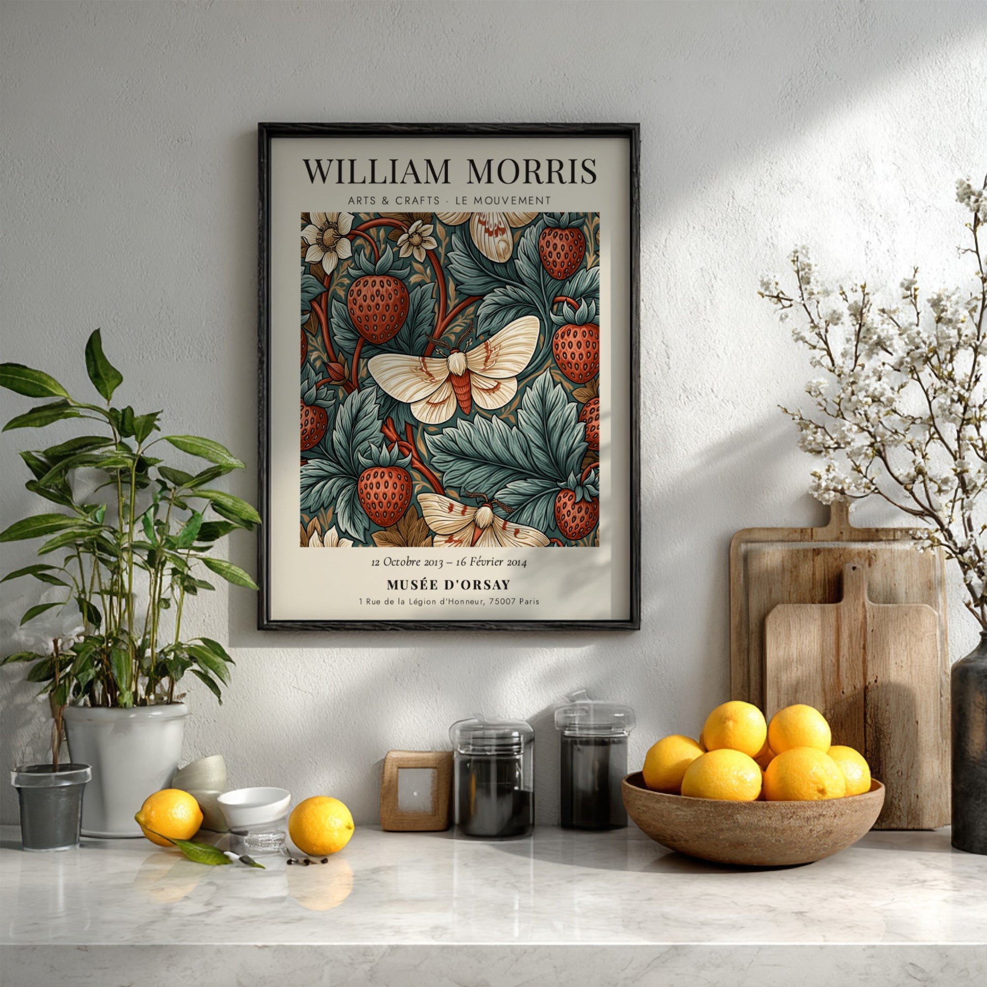 William Morris poster featuring strawberries and moths in rich colors