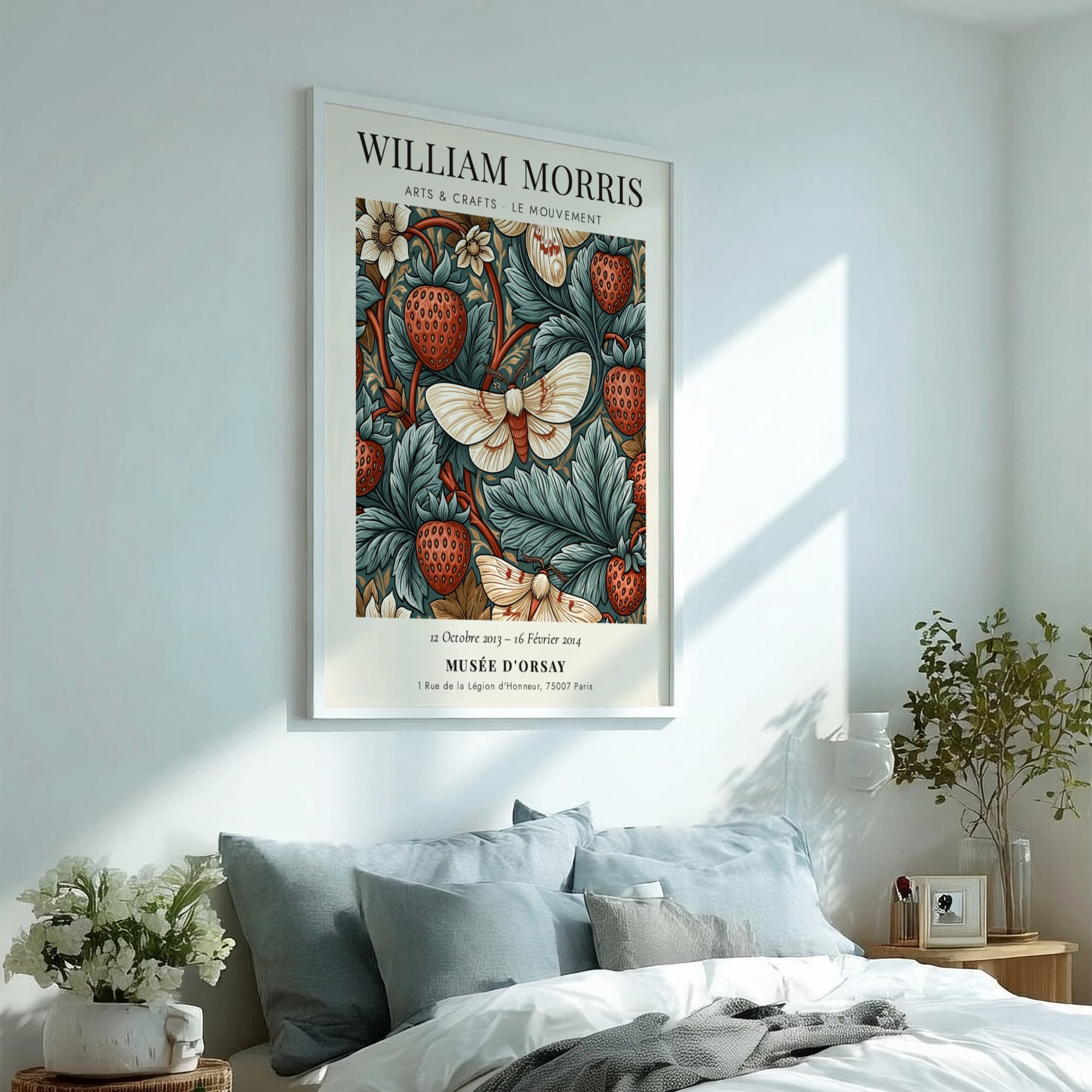 William Morris poster featuring strawberries and moths in rich colors