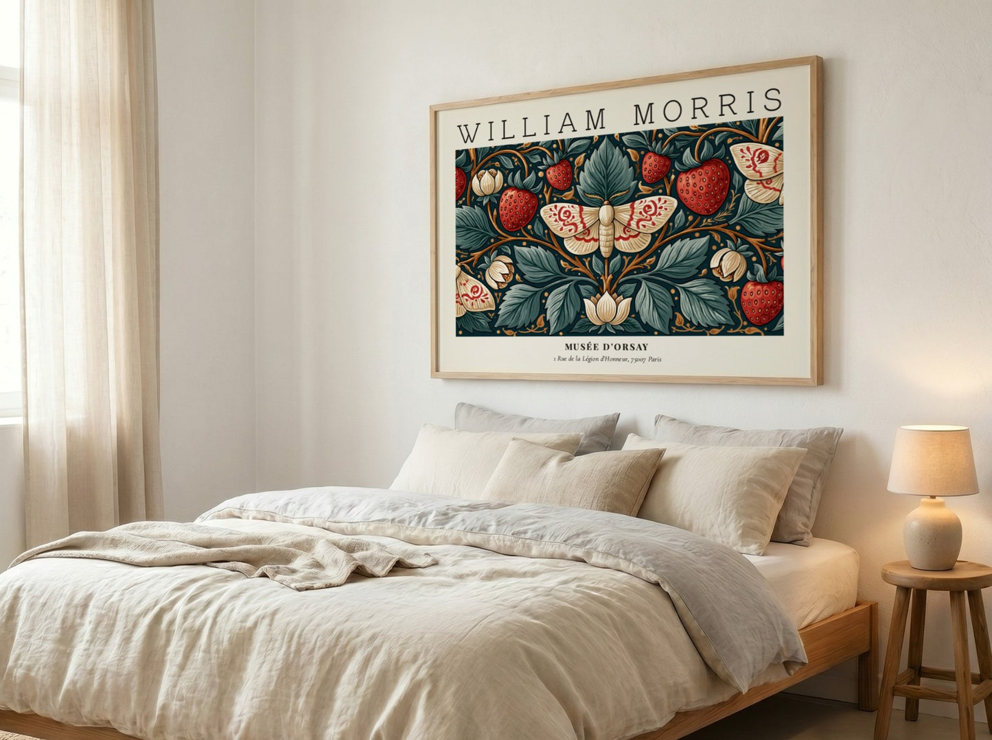 William Morris wall art print featuring strawberries and floral design in rich colors