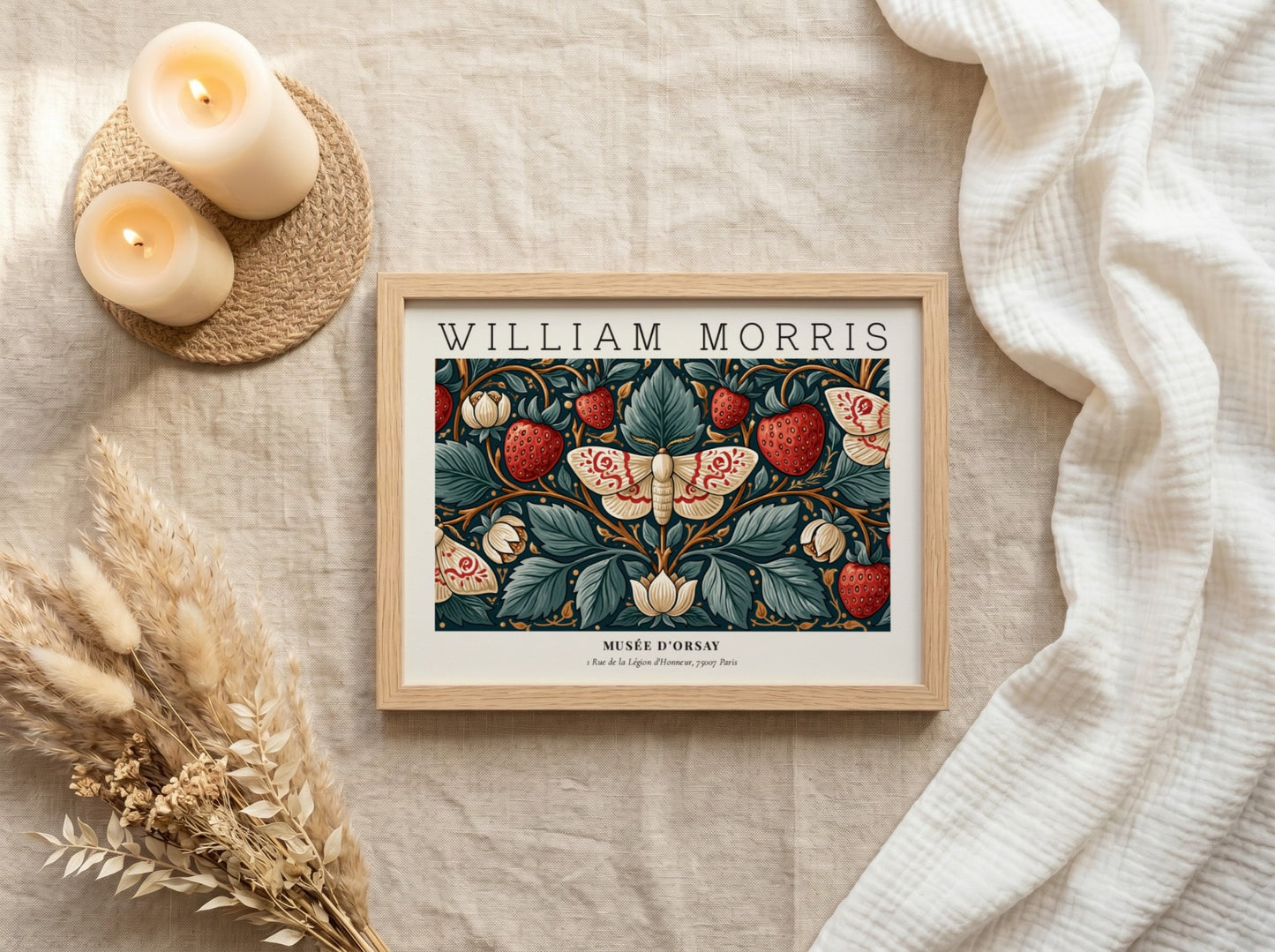 William Morris wall art print featuring strawberries and floral design in rich colors