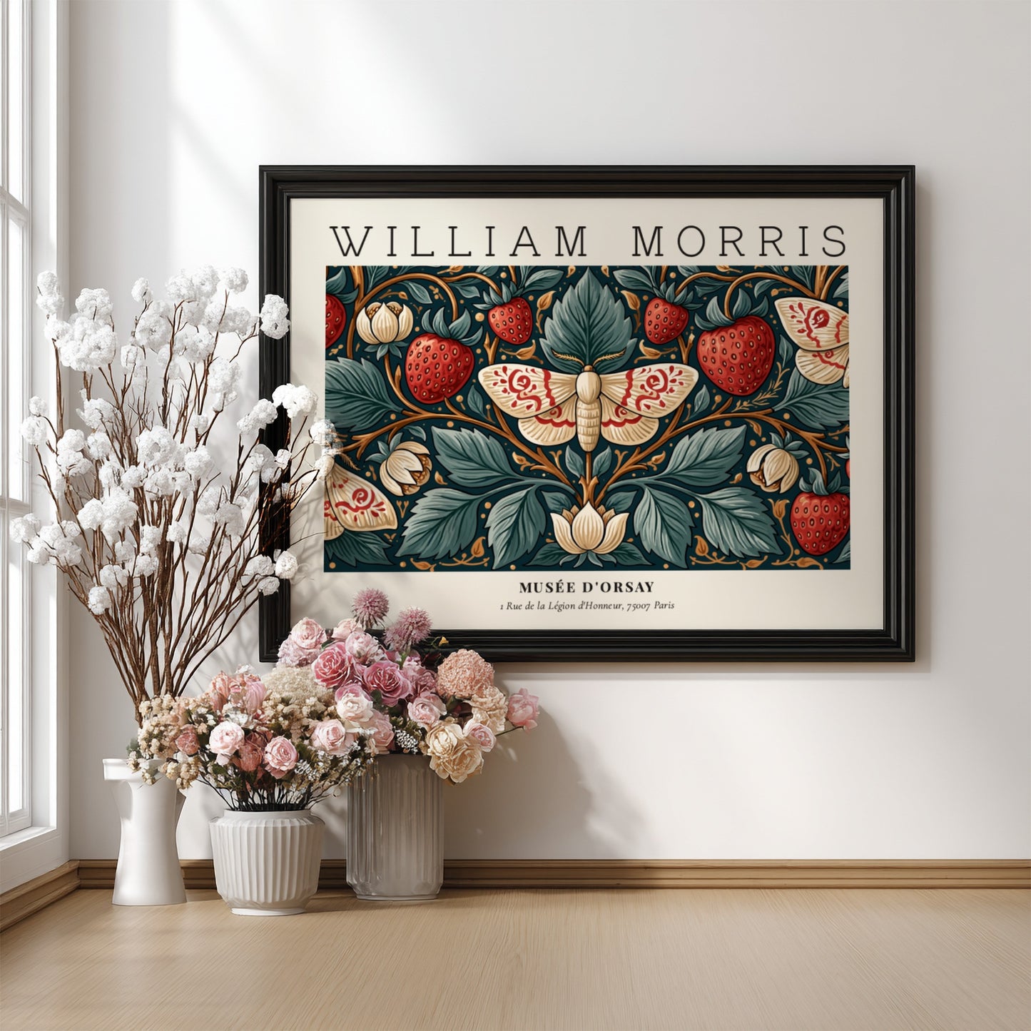 William Morris wall art print featuring strawberries and floral design in rich colors
