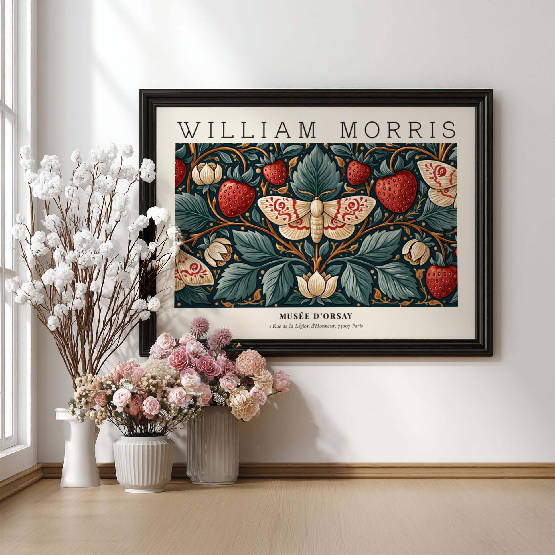 William Morris wall art print featuring strawberries and floral design in rich colors