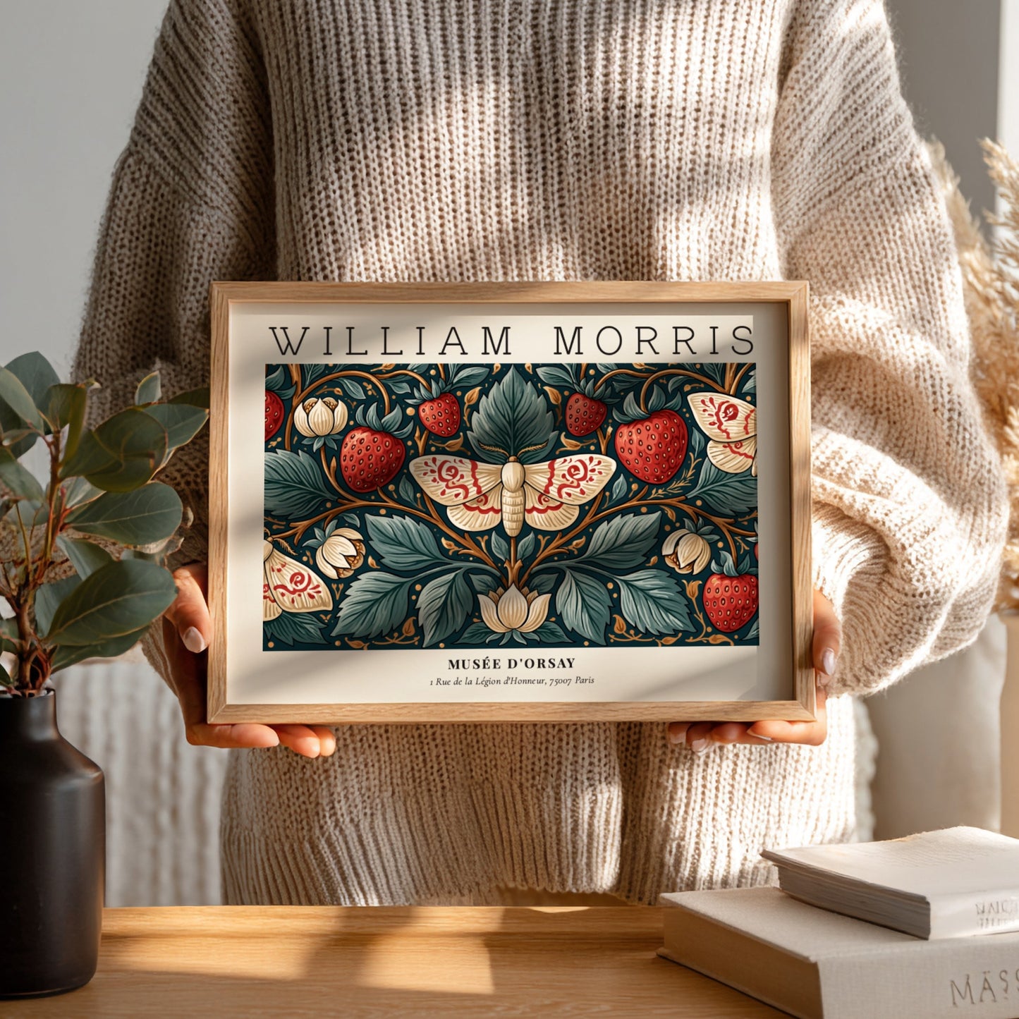 William Morris wall art print featuring strawberries and floral design in rich colors