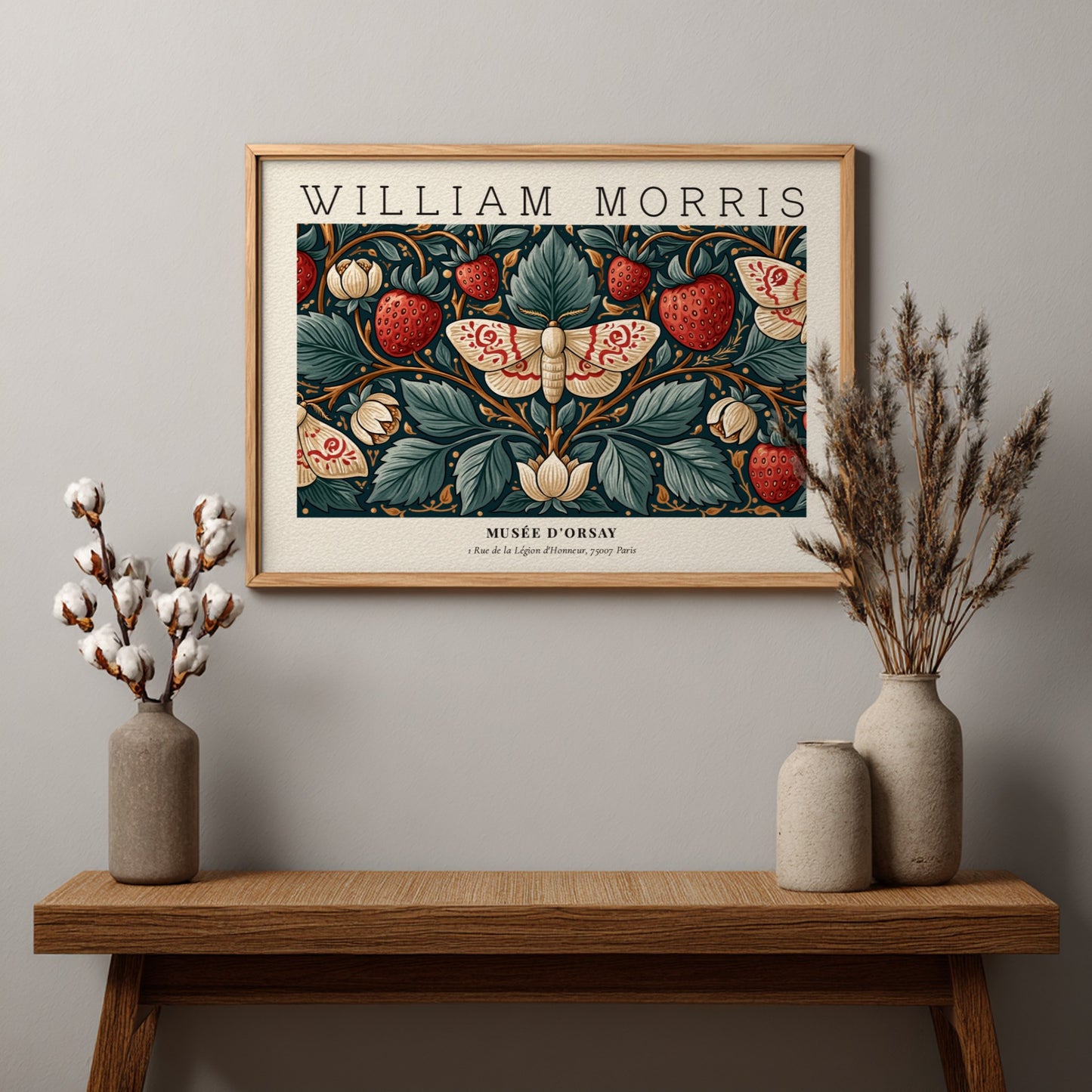 William Morris wall art print featuring strawberries and floral design in rich colors