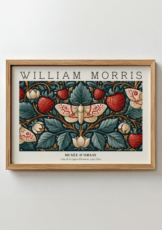 William Morris wall art print featuring strawberries and floral design in rich colors