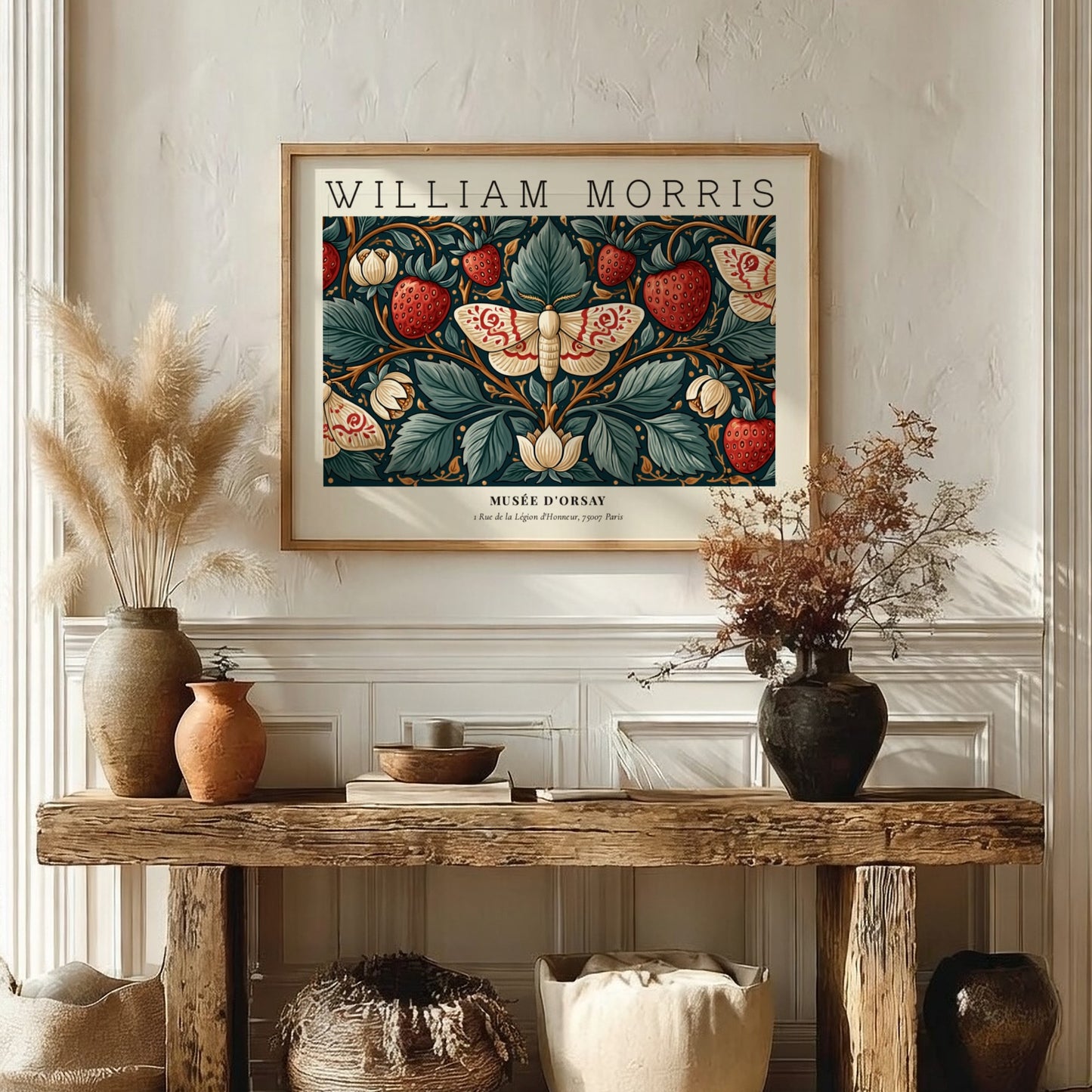 William Morris wall art print featuring strawberries and floral design in rich colors