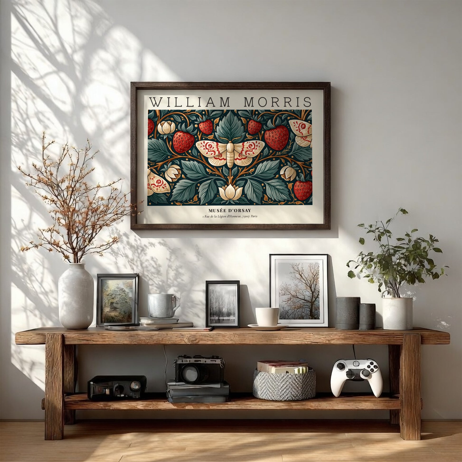 William Morris wall art print featuring strawberries and floral design in rich colors