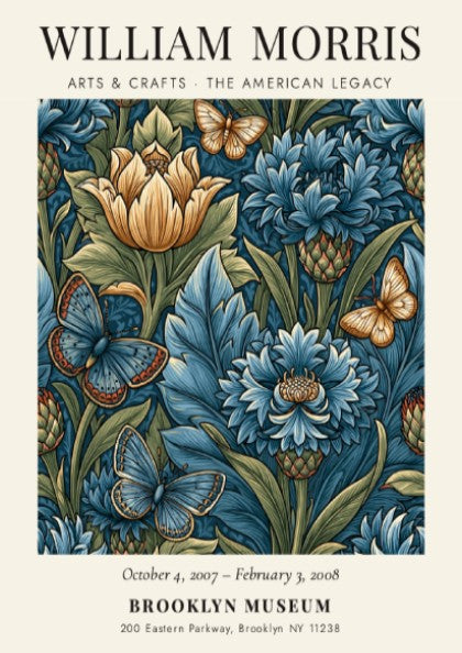 William Morris poster featuring floral design with blue flowers and butterflies