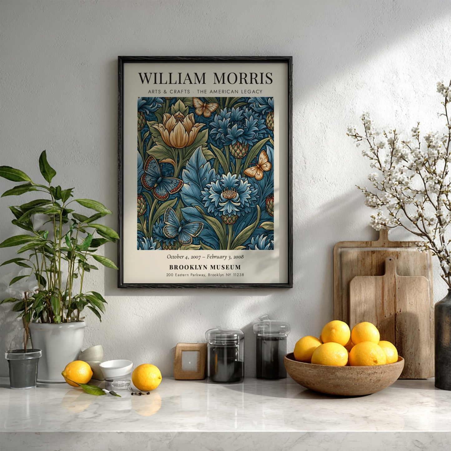 William Morris poster featuring floral design with blue flowers and butterflies