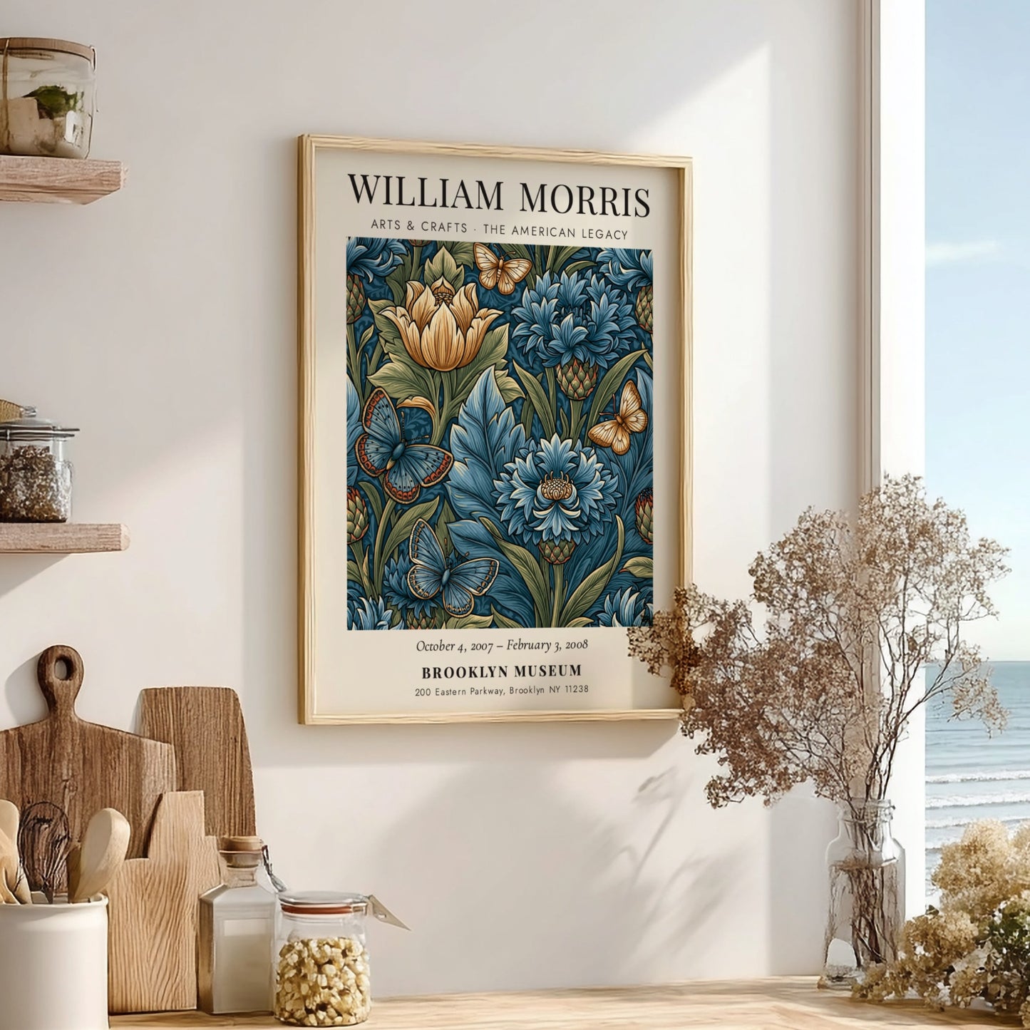 William Morris poster featuring floral design with blue flowers and butterflies