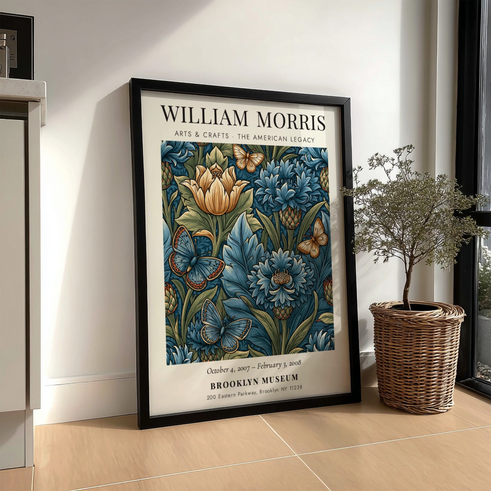 William Morris poster featuring floral design with blue flowers and butterflies