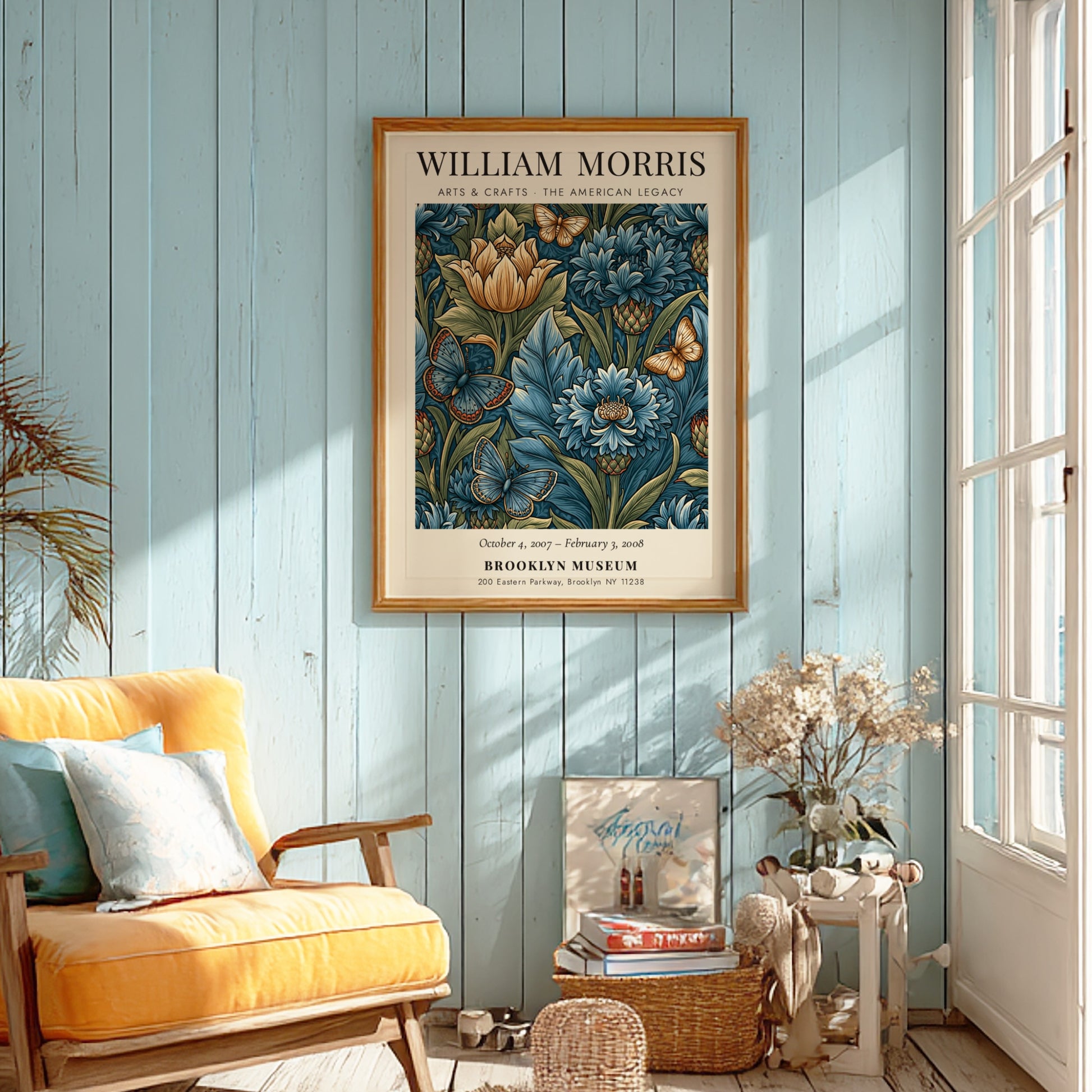 William Morris poster featuring floral design with blue flowers and butterflies