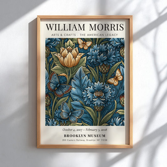 William Morris poster featuring floral design with blue flowers and butterflies