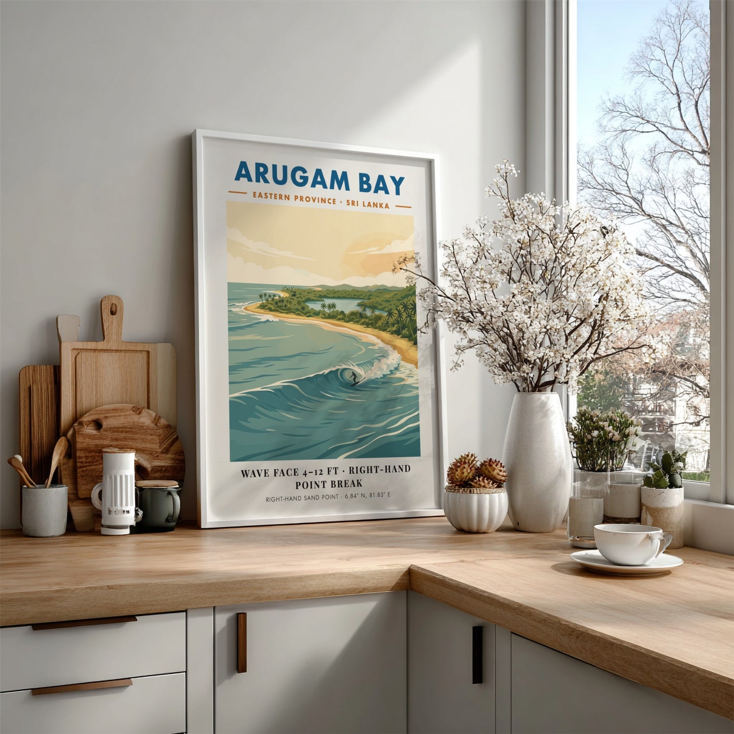 Arugam Bay surf poster featuring a surfer on a wave with tropical coastline scenery.