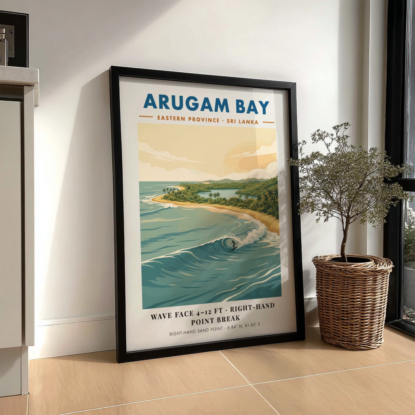 Arugam Bay surf poster featuring a surfer on a wave with tropical coastline scenery.