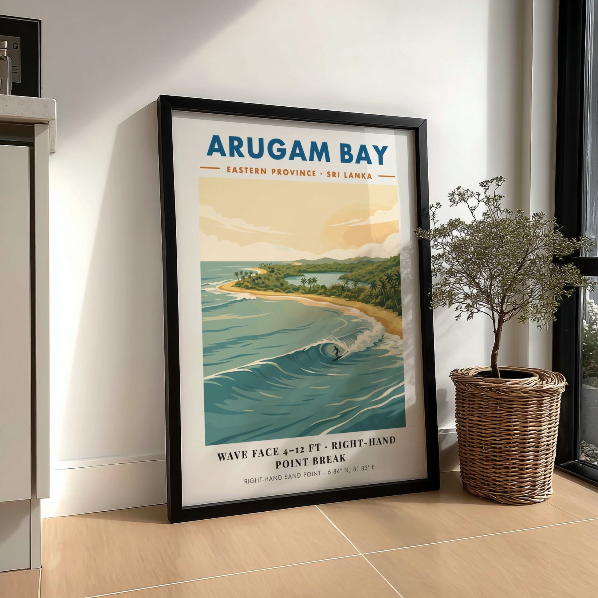 Arugam Bay surf poster featuring a surfer on a wave with tropical coastline scenery.
