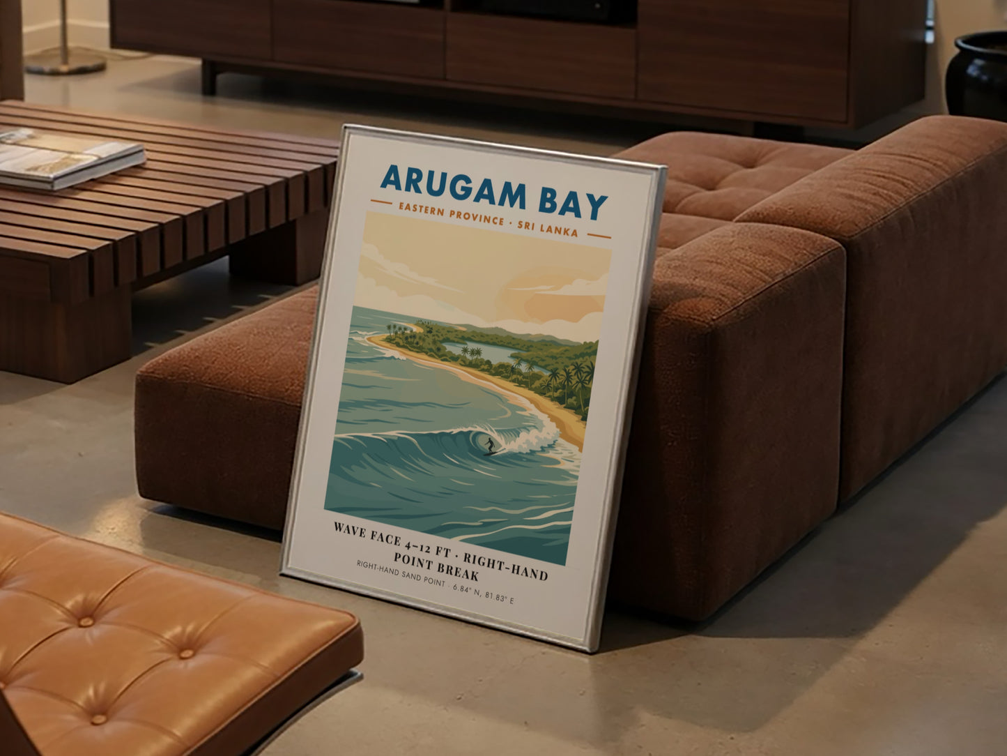 Arugam Bay surf poster featuring a surfer on a wave with tropical coastline scenery.