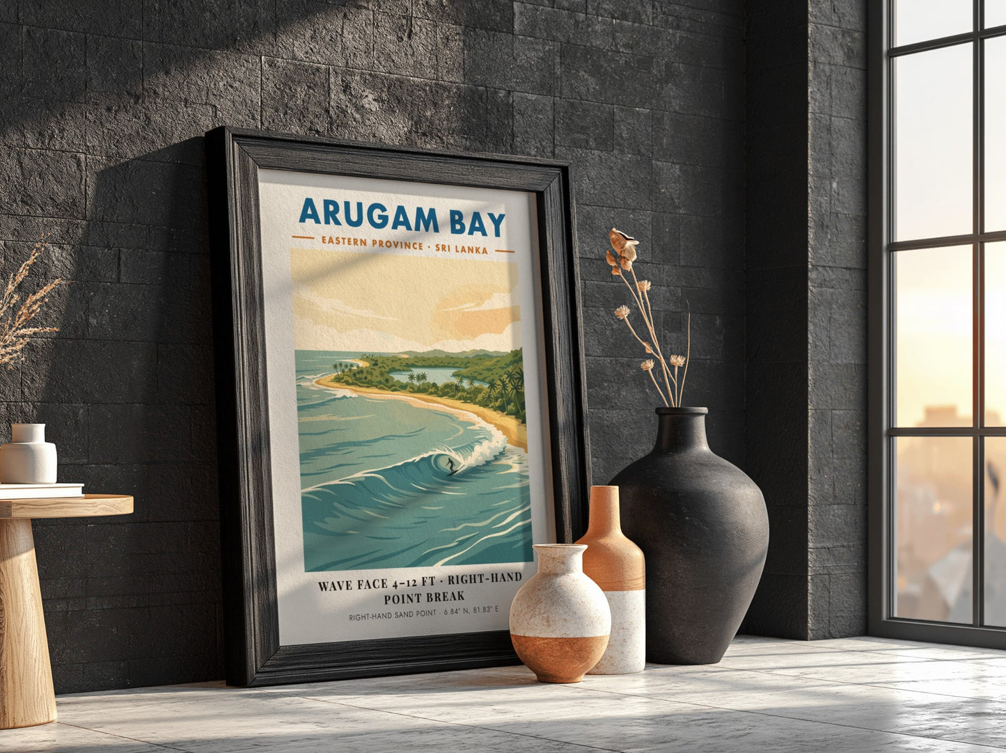Arugam Bay surf poster featuring a surfer on a wave with tropical coastline scenery.