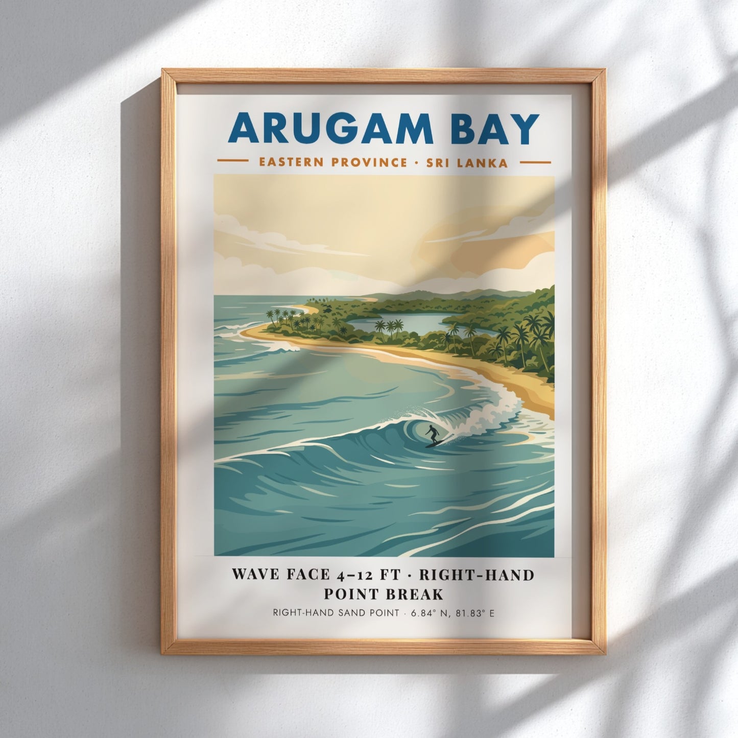 Arugam Bay surf poster featuring a surfer on a wave with tropical coastline scenery.