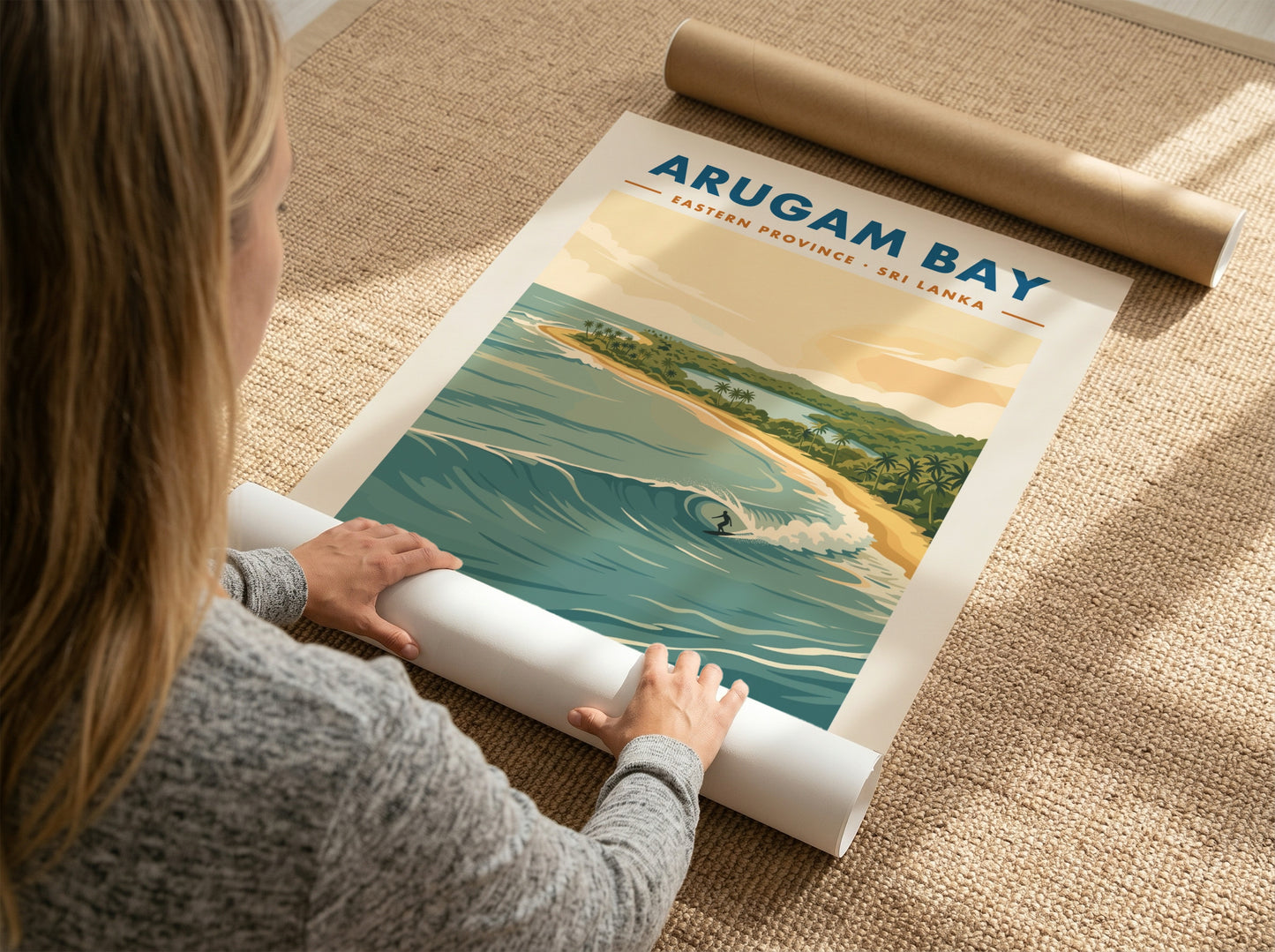 Arugam Bay surf poster featuring a surfer on a wave with tropical coastline scenery.