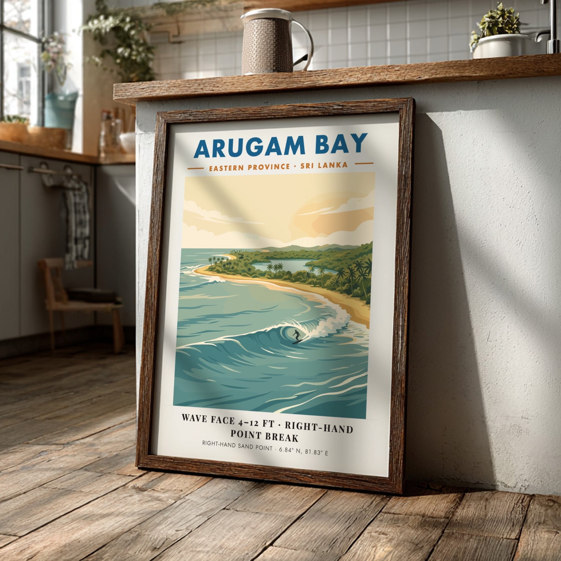Arugam Bay surf poster featuring a surfer on a wave with tropical coastline scenery.