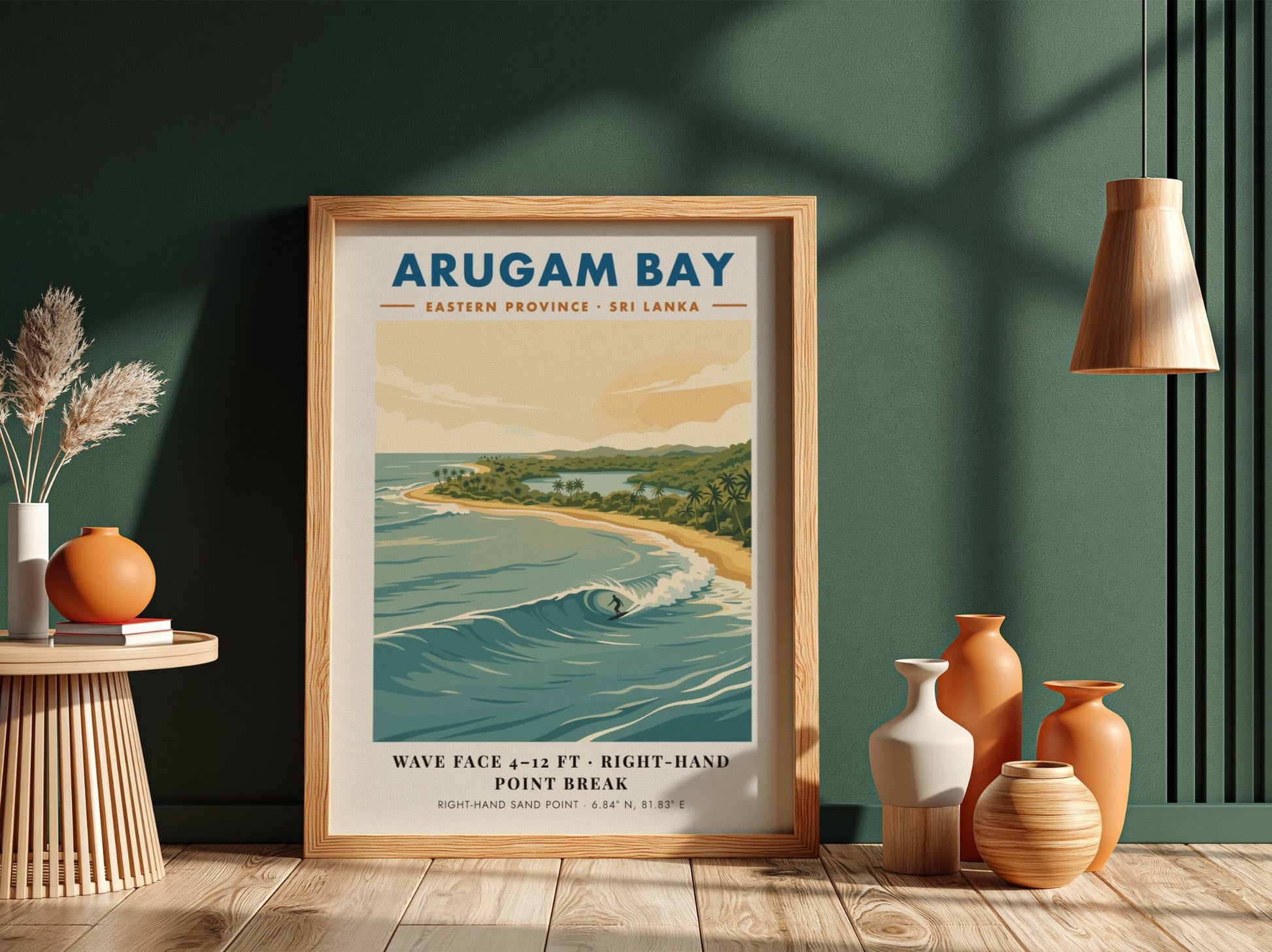 Arugam Bay surf poster featuring a surfer on a wave with tropical coastline scenery.