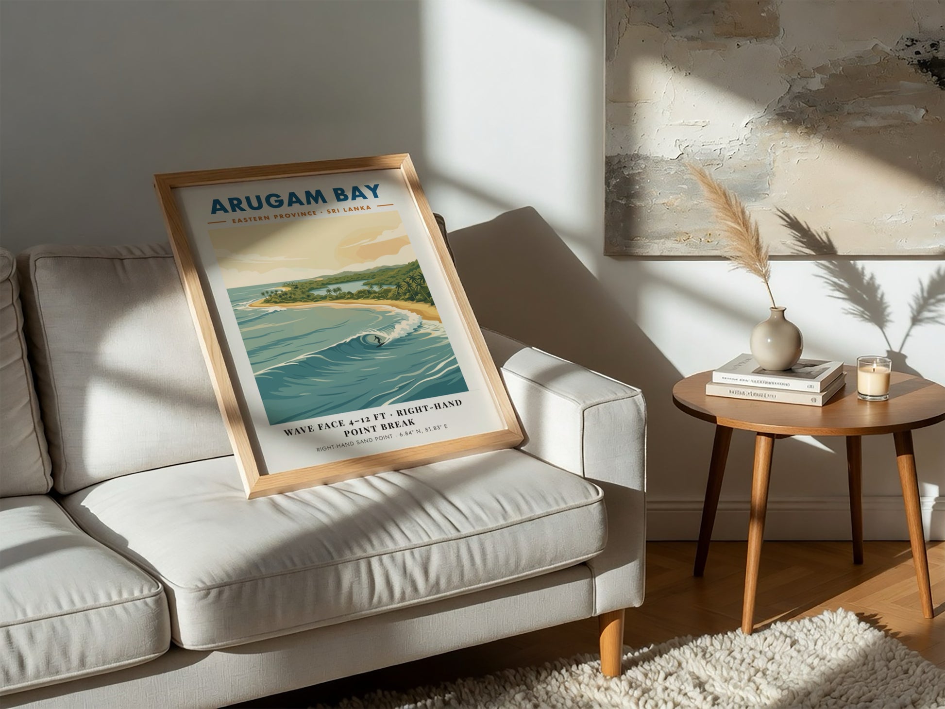 Arugam Bay surf poster featuring a surfer on a wave with tropical coastline scenery.